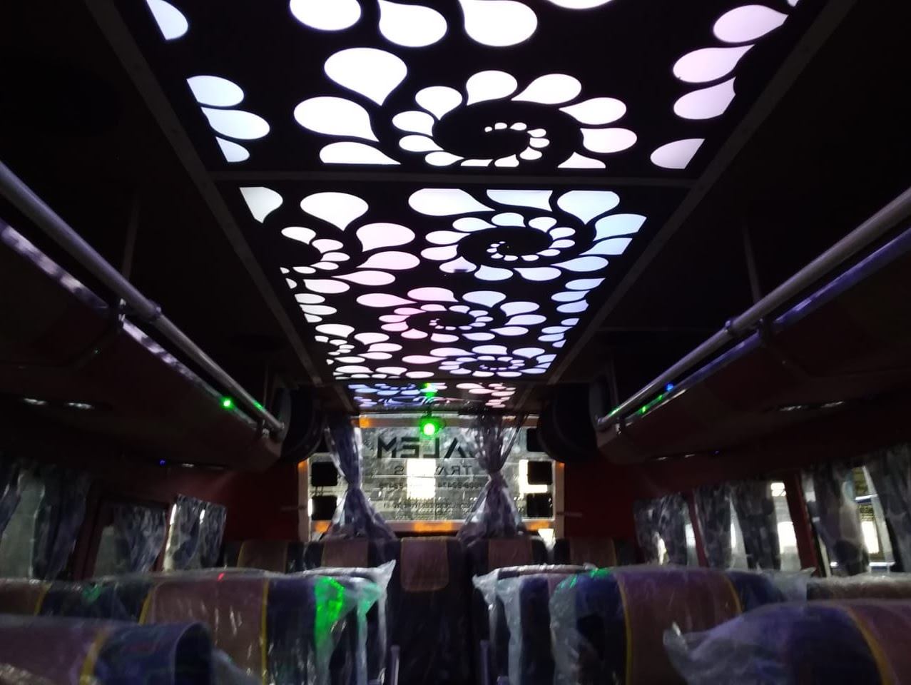 Coach interior with peacock pattern ceiling