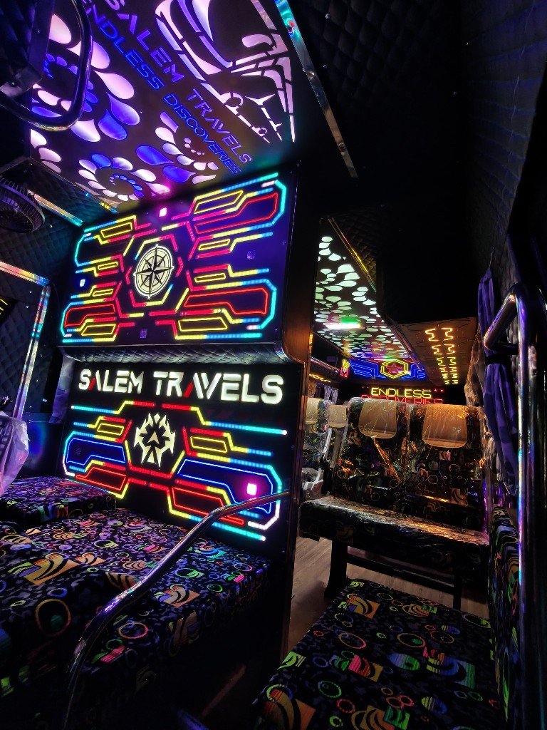 Salem Travels branded interior panel with mood lighting