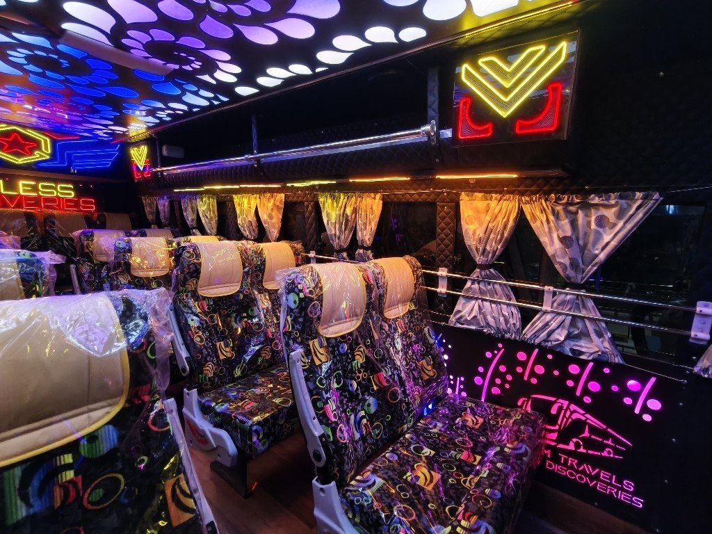 Luxury coach interior with designer ceiling and LED mood lighting